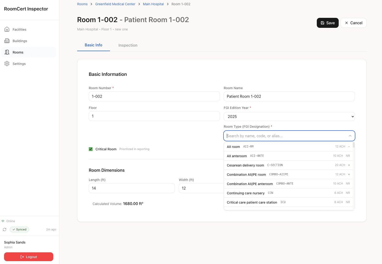 Room edit form showing FGI 2025 edition and room type selector with codes