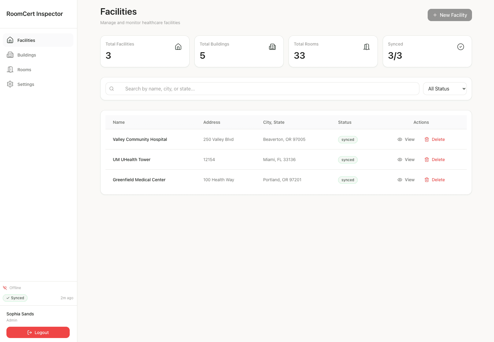 Facilities dashboard showing offline status and sync indicators
