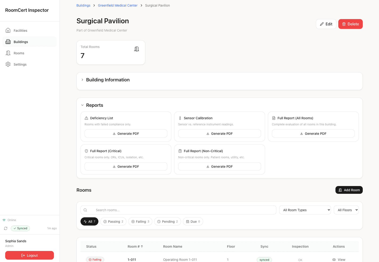 Building detail page with five report types and Generate PDF buttons